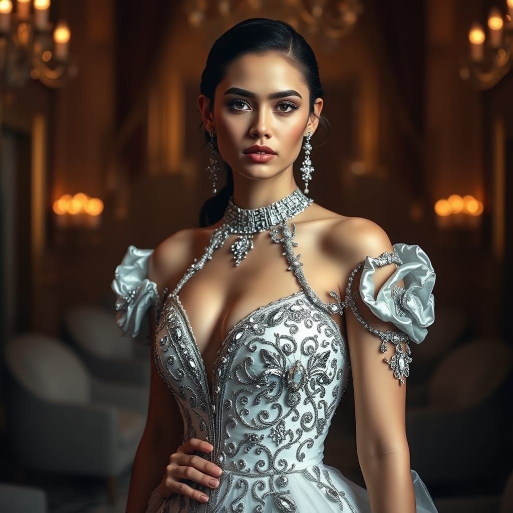 Woman in Modern Gem-Encrusted Wearable Gown