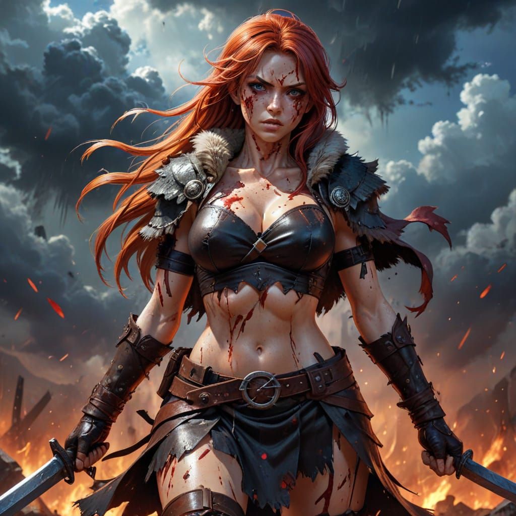 Redhead Barbarian Warrior in Dynamic Anime Art Style