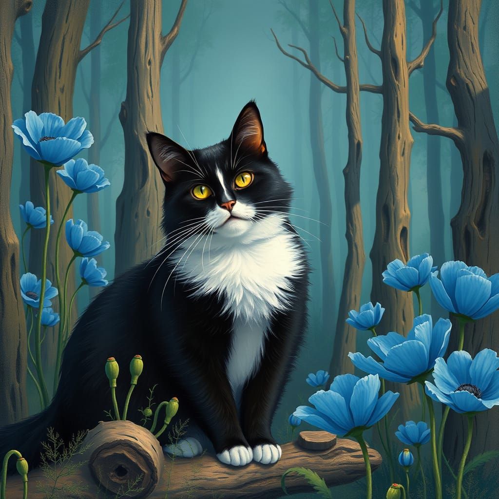 Tuxedo Cat in Dreamlike Forest with Blue Poppies