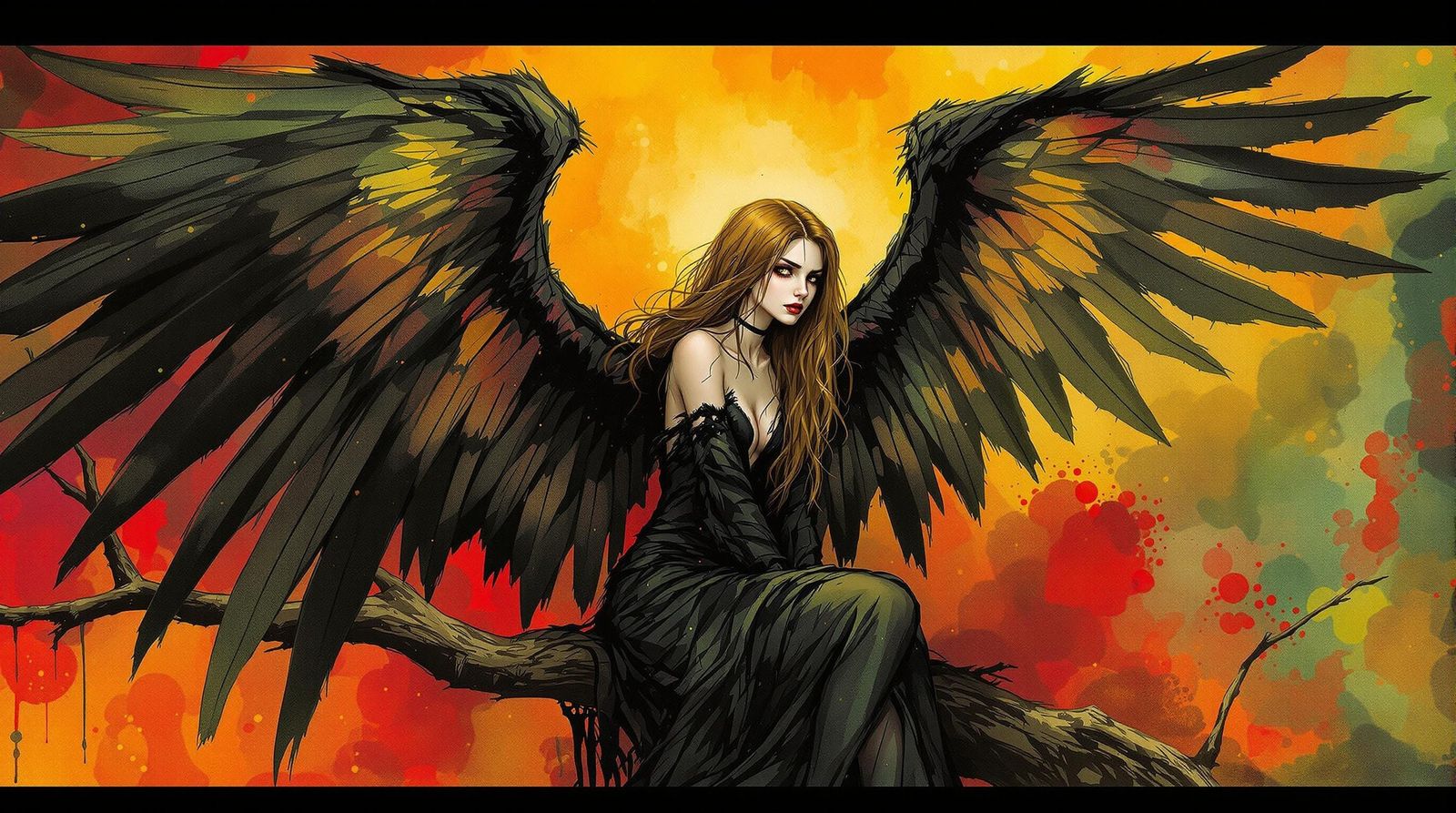 Ethereal Vampire with Raven Wings in Painterly Illustration