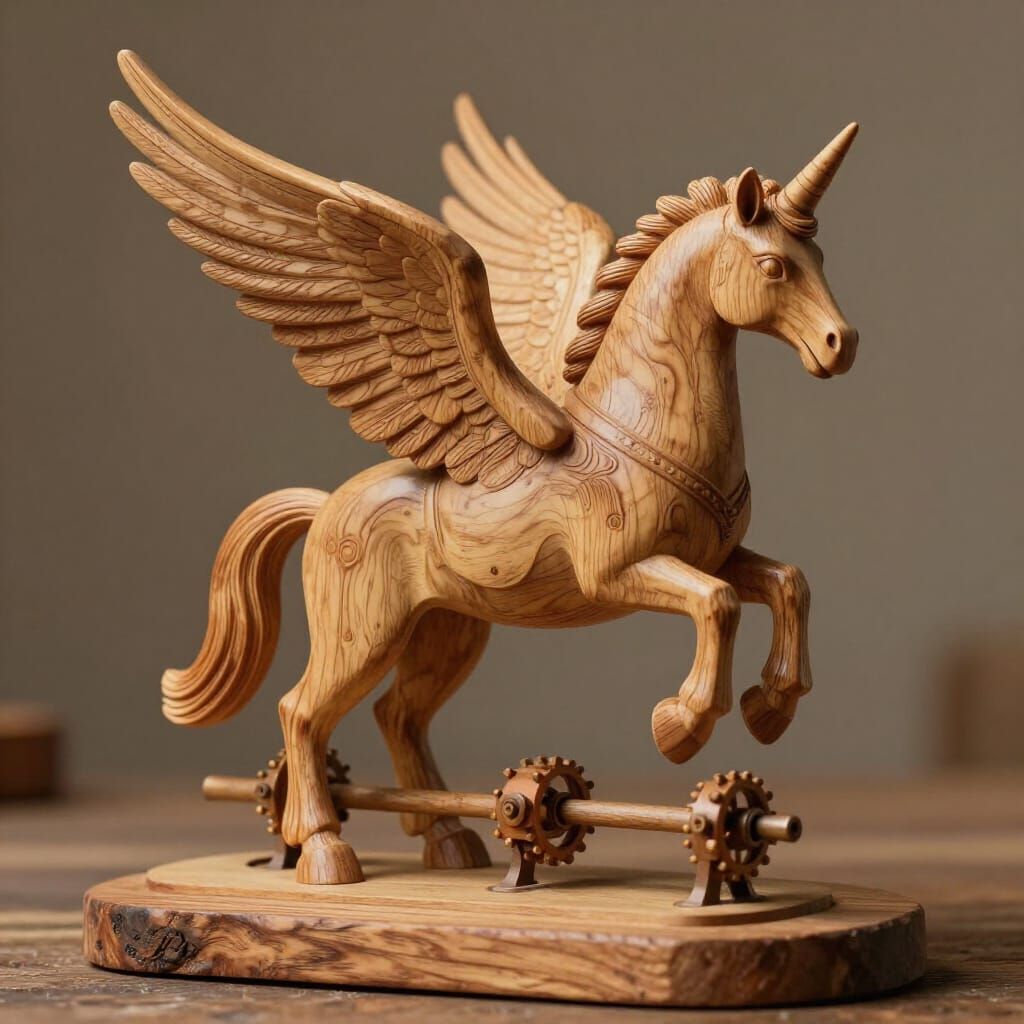 Wooden Alicorn Rears Up on Mechanical Platform