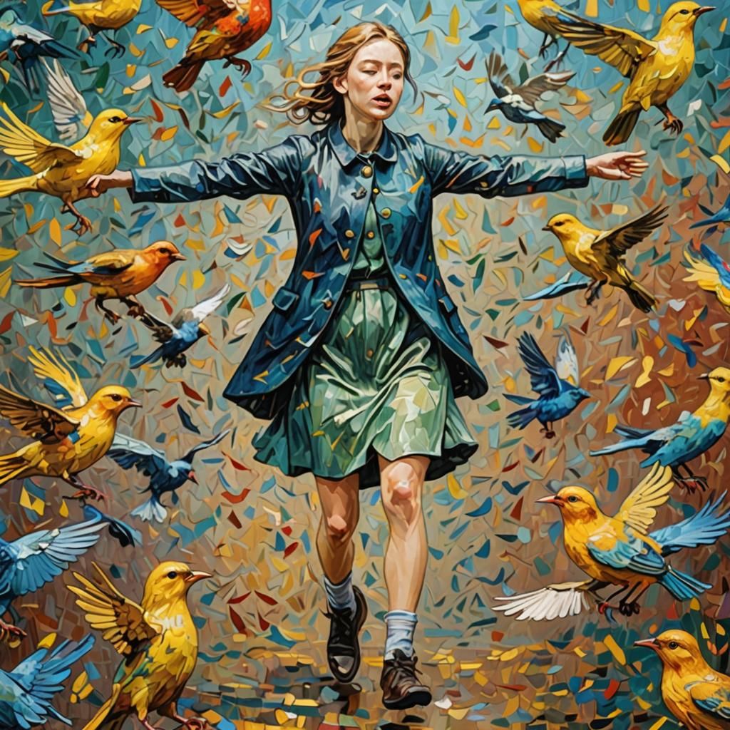 Girl Playing with Birds: Hyperrealistic Splash Art