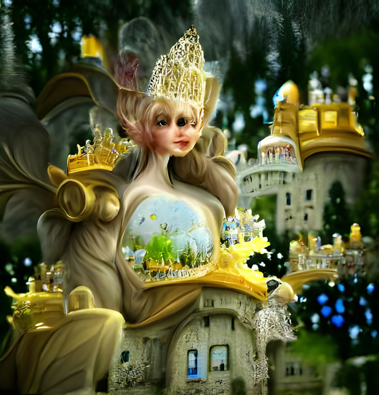 Golden Fairy Godmother in Fantasy Landscape