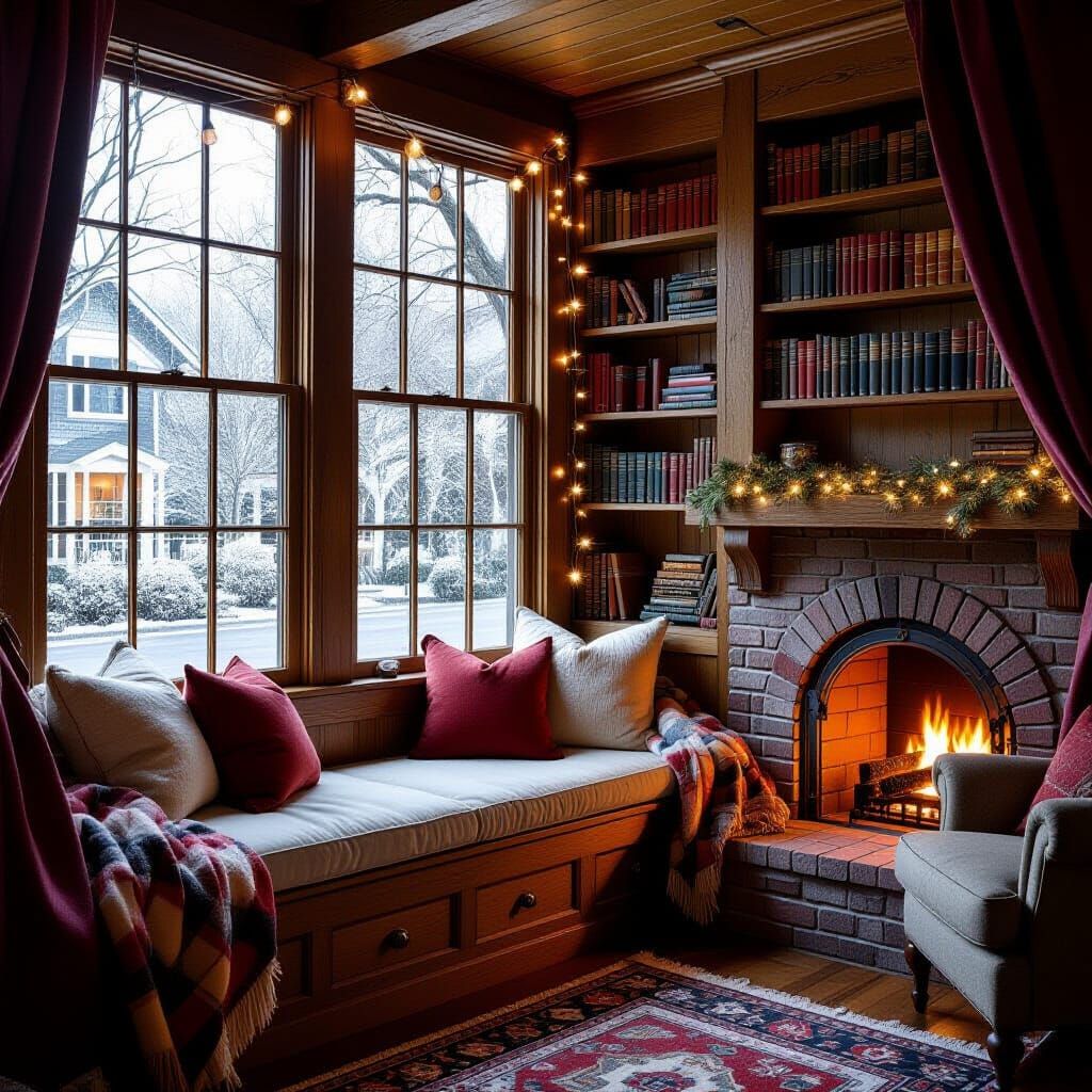 Cozy Library Nook with Fireplace and Window Seat