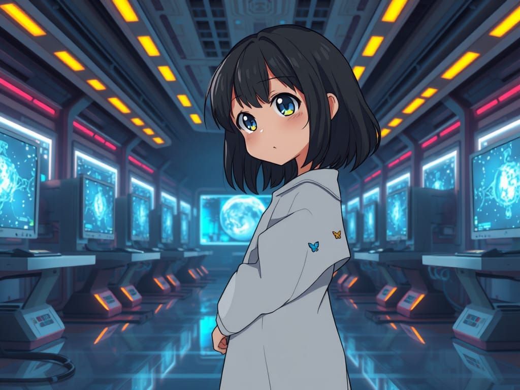 Girl of Golden Hair in Futuristic Room, Anime Style