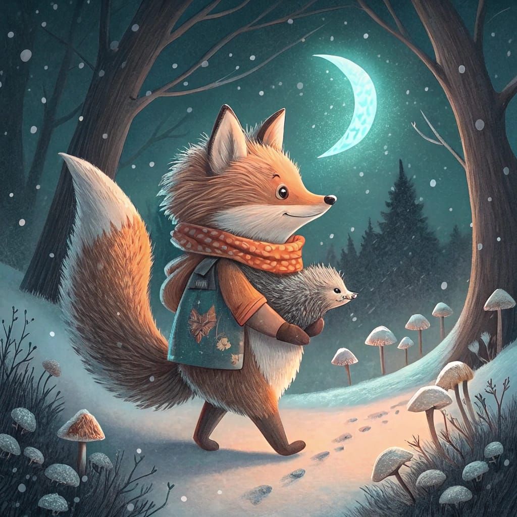 Whimsical Fox and Baby Hedgehog in Serene Snowy Forest