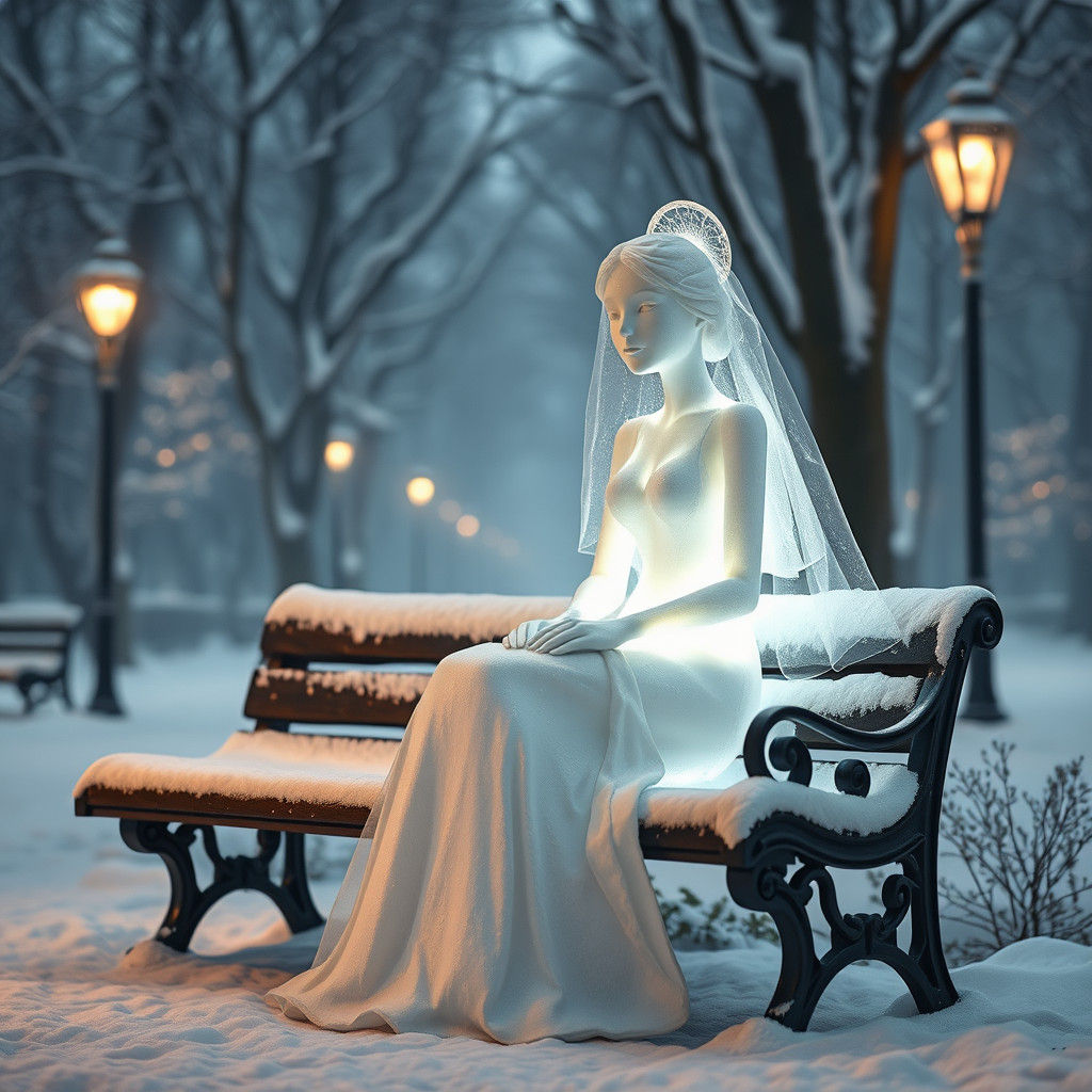 evening park bench sitting on a snow sculpture wearing a wedding dress bride statue, the whole body is snow-white snow s...