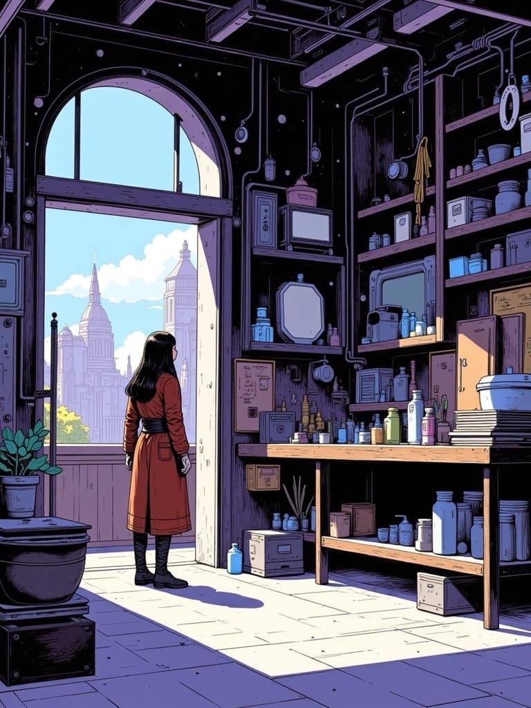 80s anime style scene of dnd artificer, Moebius influence (m...