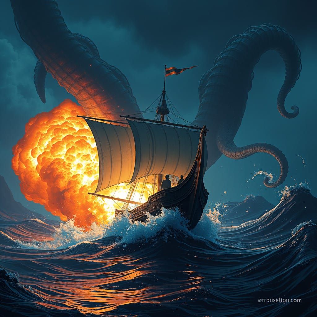 Ship Under Siege by a Colossal Squid in a Fiery Splash Scree...