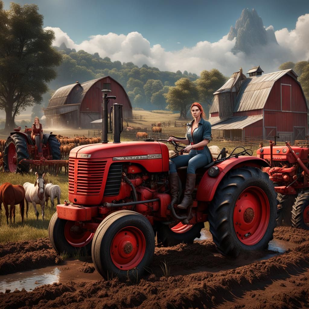 Female Farmer with Tractor, Detailed Matte Painting