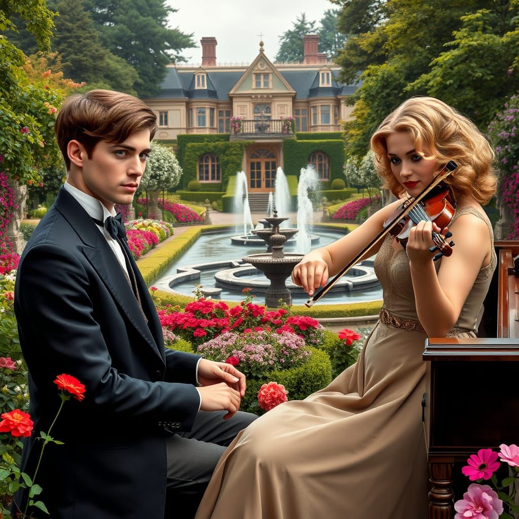 Edwardian Aristocrats' Musical Duet in Lush Garden