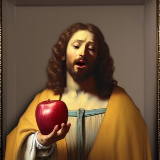 Jesus eating an apple from the golden tree, AN ULTRA-REALISTIC, IN THE STYLE OF REMBRANDT"