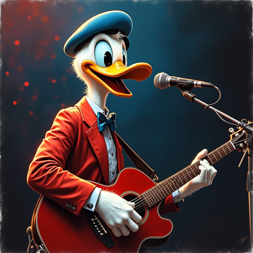 Fotorealistic Donald Duck Band Cover Art in Neon Hues