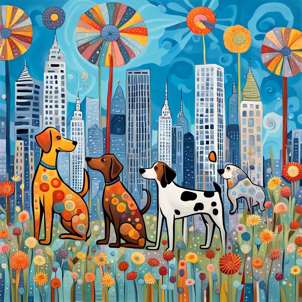 Whimsical Abstract Cityscape with Stylized Dogs