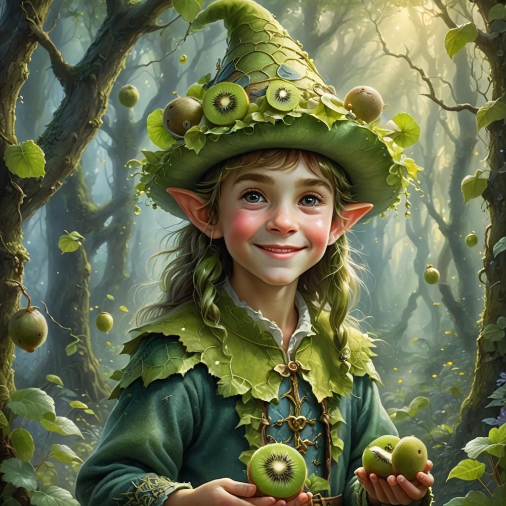 Kiwi Hat Elf in Magic Forest: Ethereal Fantasy