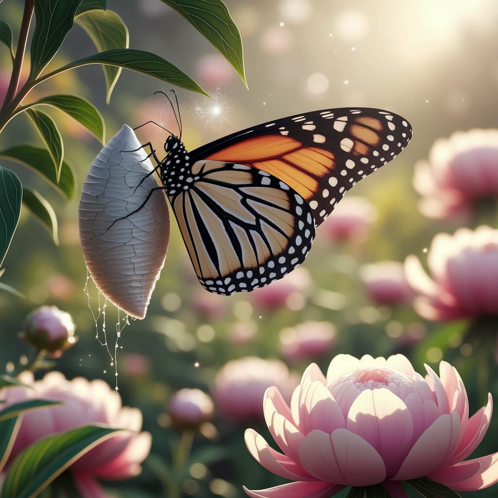 Monarch Butterfly Rebirth in Sunlit Garden