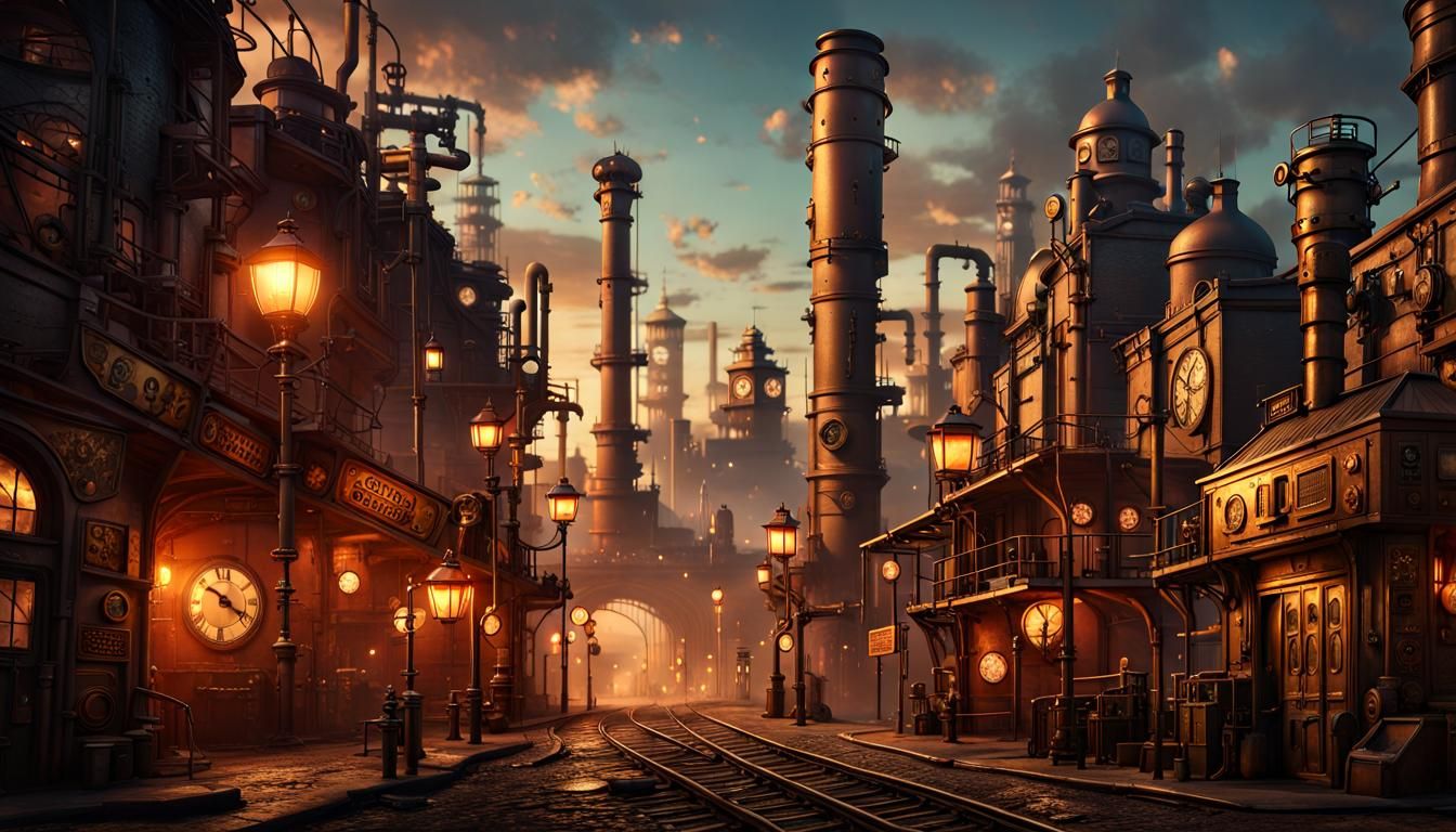 Steampunk City Outskirts at Dusk in Detailed Matte Painting