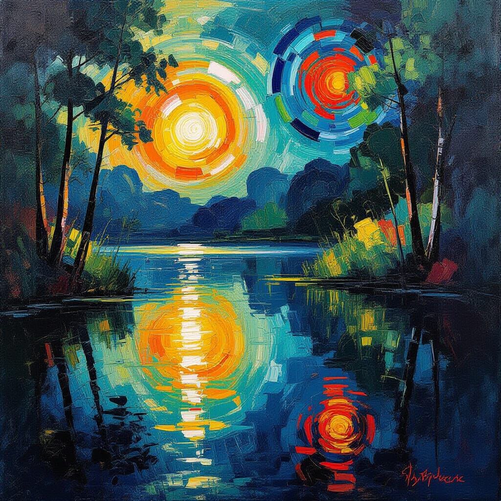 Abstract Expressionist Pond Landscape with Vibrant Colors