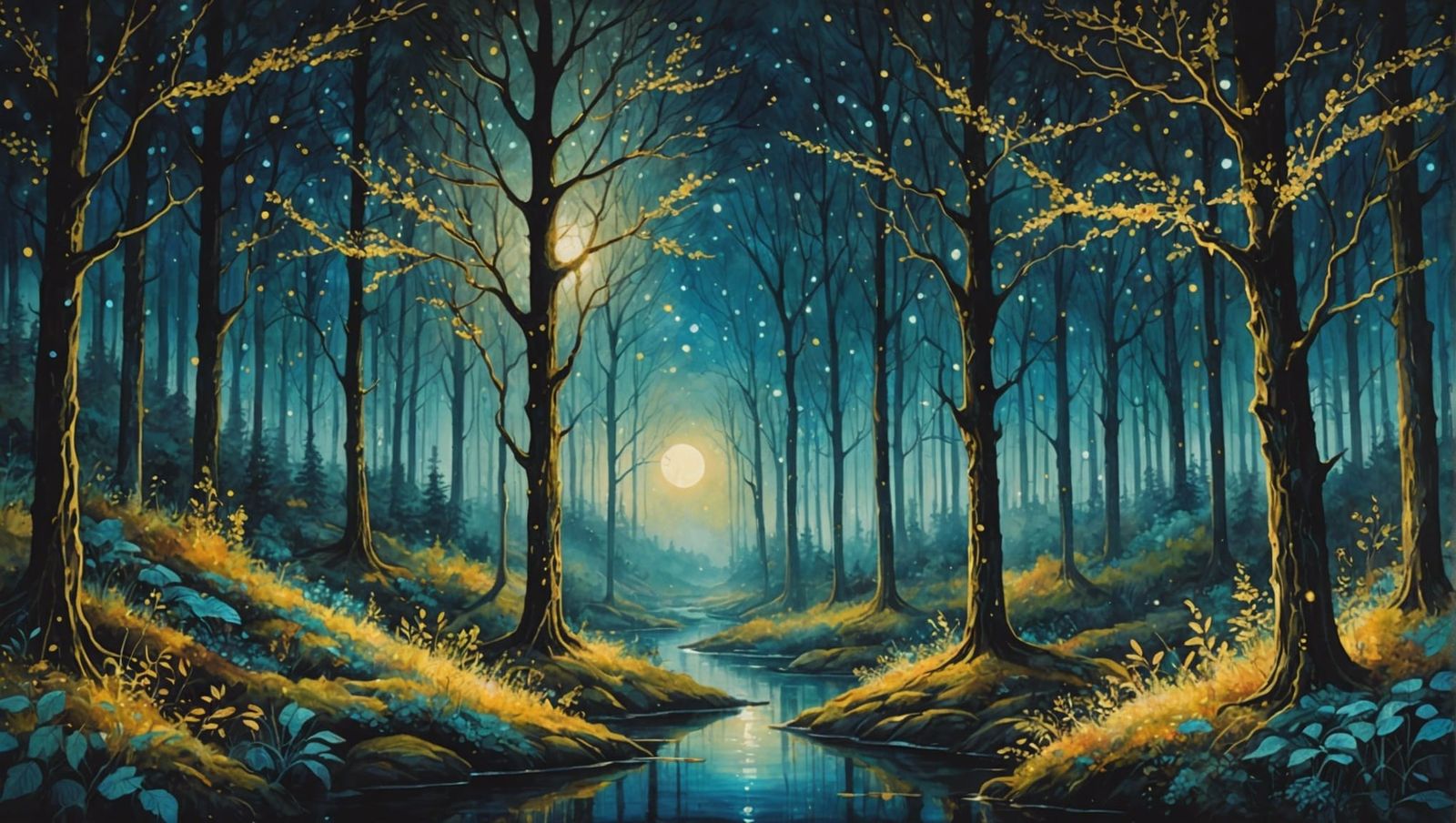 Mysterious Forest with Gold Sparkles, Watercolor Style