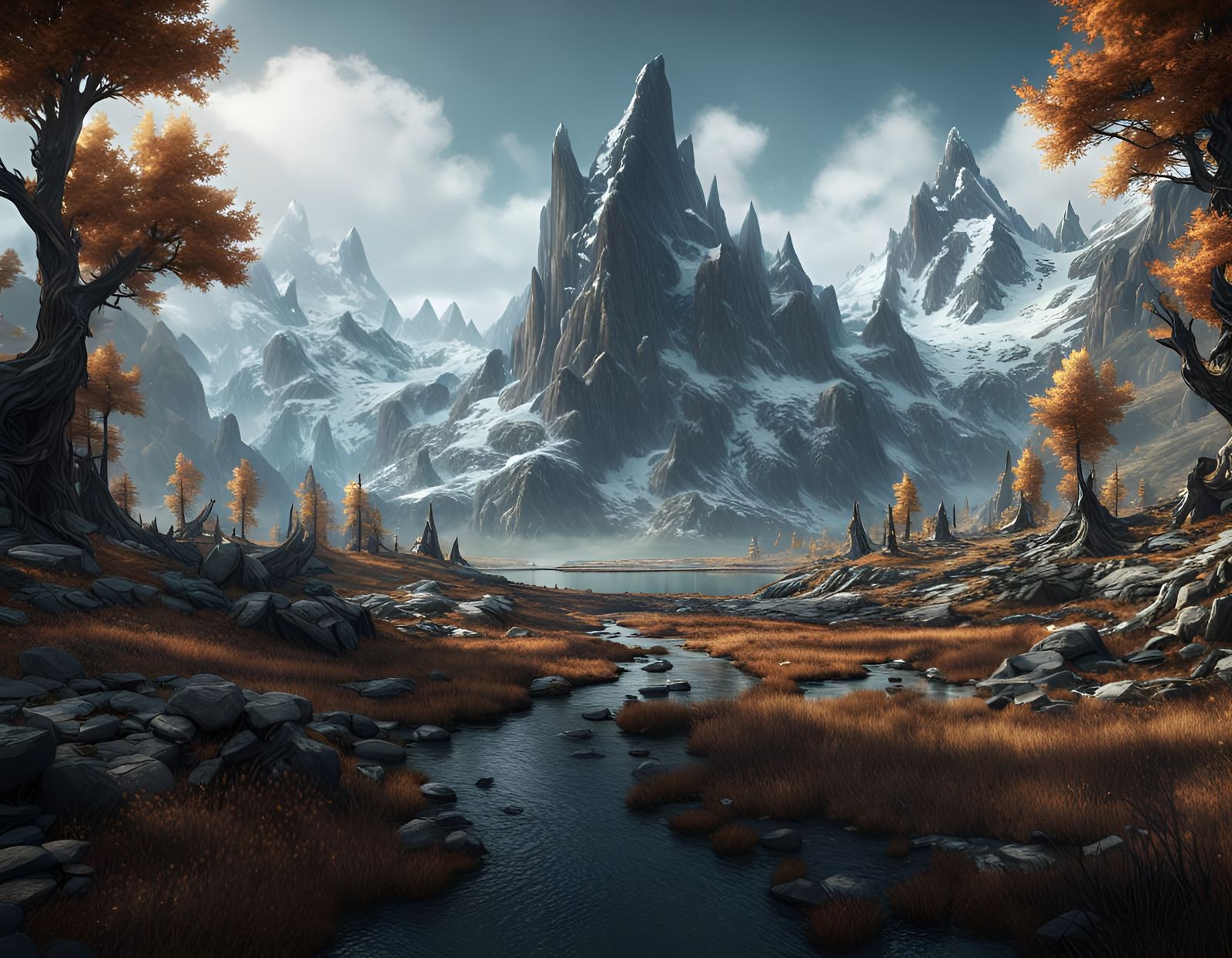 Fantastical Skyrim Landscape in Detailed Matte Painting