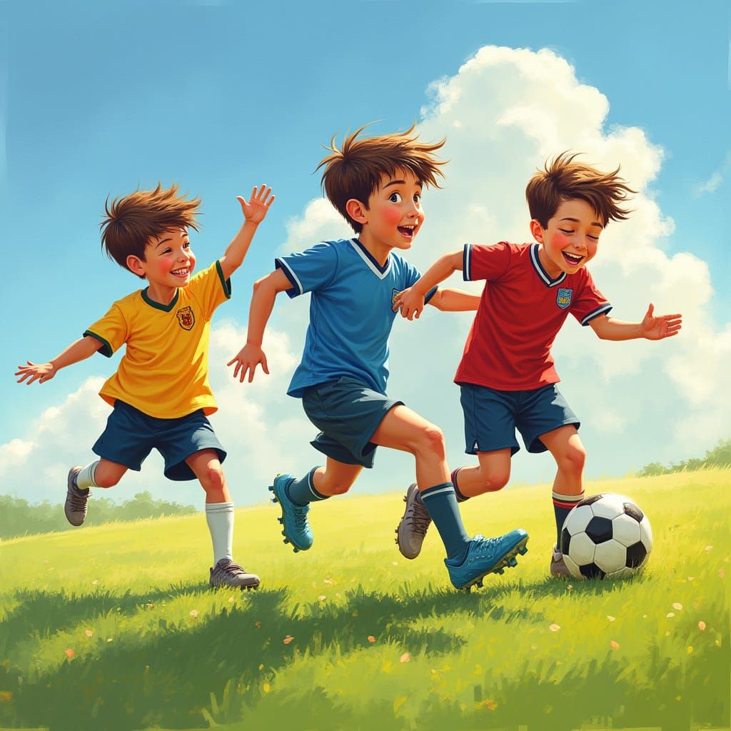 Boys Enjoying a Lively Soccer Match in Vibrant Brushstrokes
