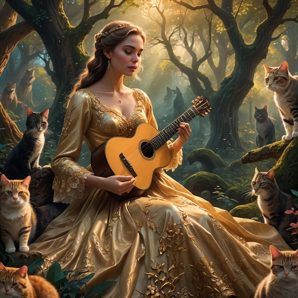 Enchanted Forest Musician Watched by Cats