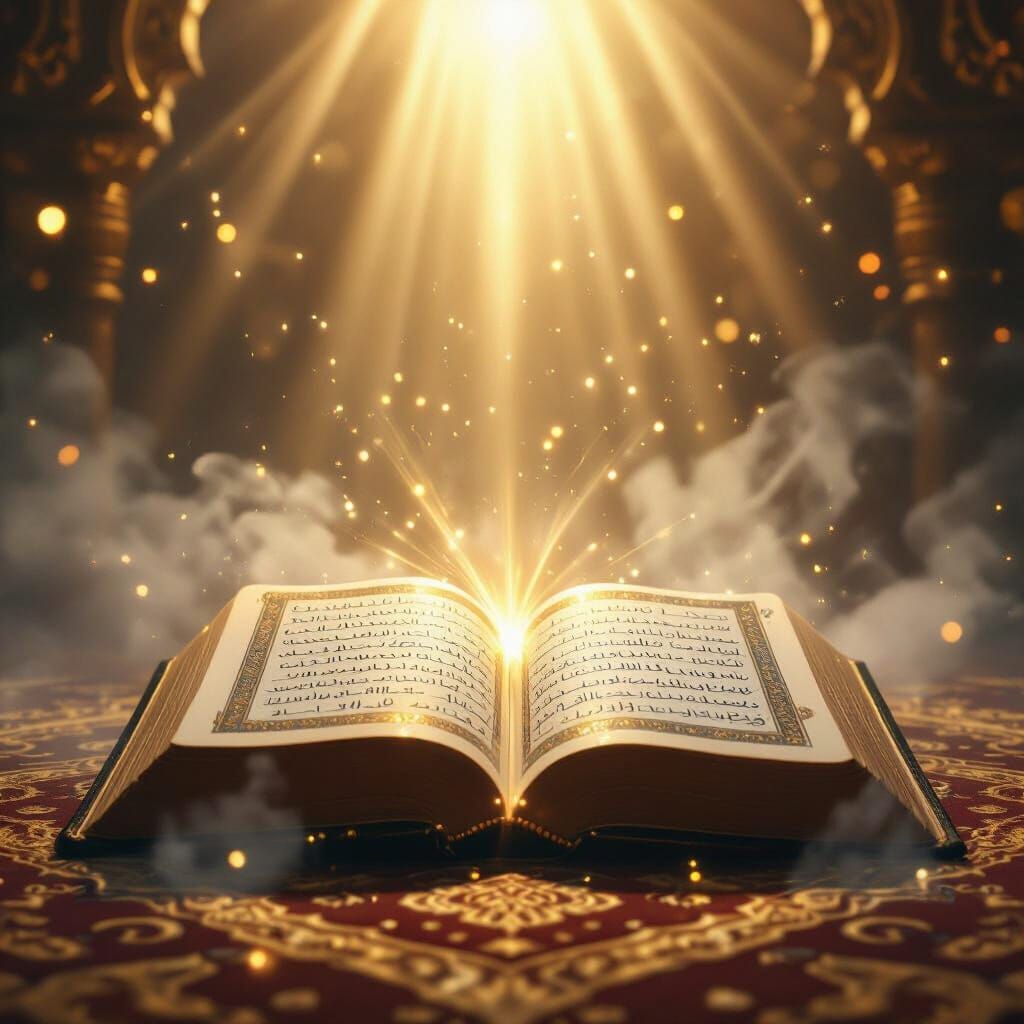 Radiant Quran with Golden Light and Arabic Patterns