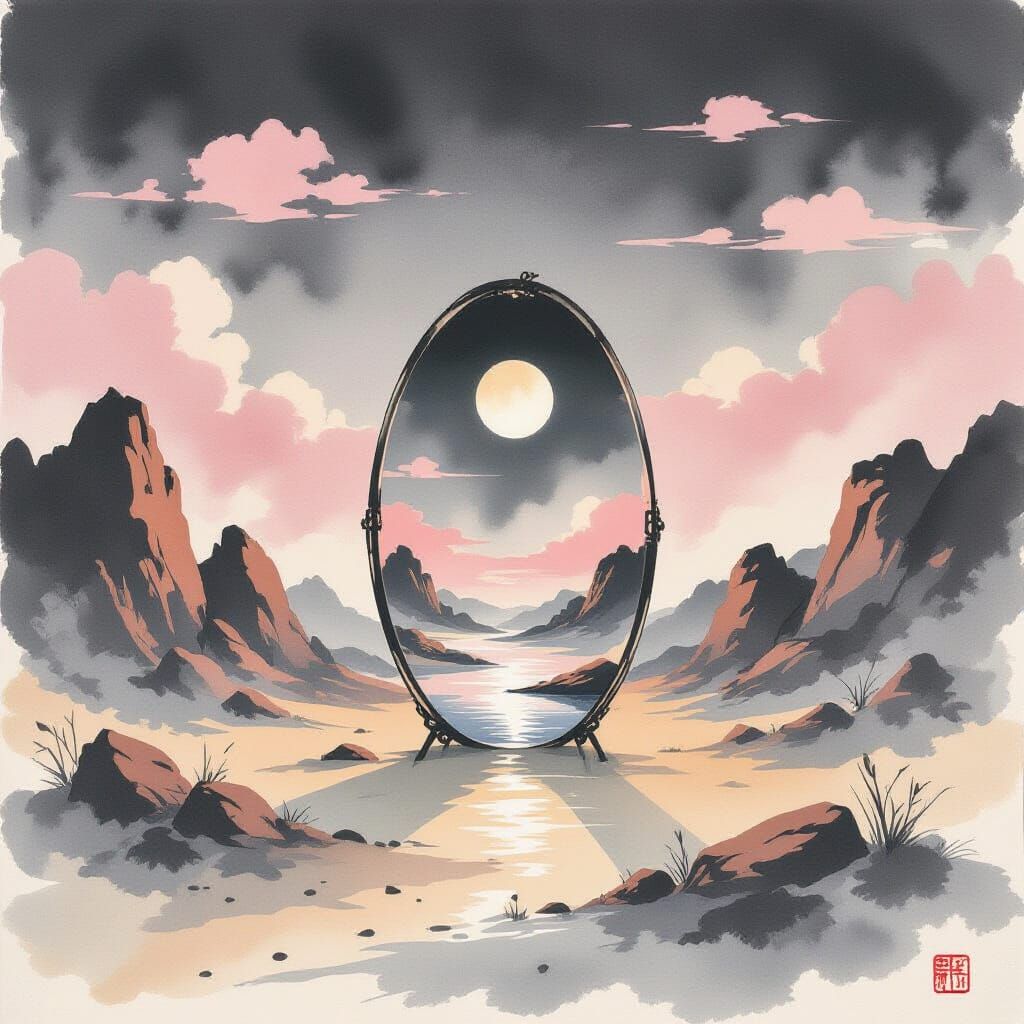 Sumi-e Ink Painting of Desert Oasis with Reflecting Mirror