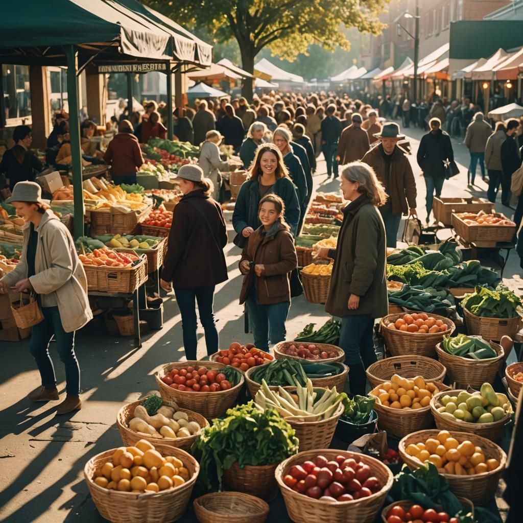 Bustling Farmers Market with Golden Hour Sunlight