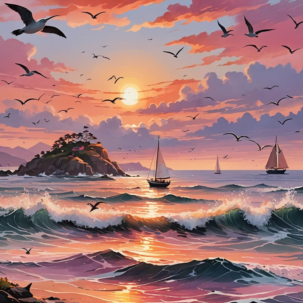 Enchanting Sunset Seascape with Sailboats and Island