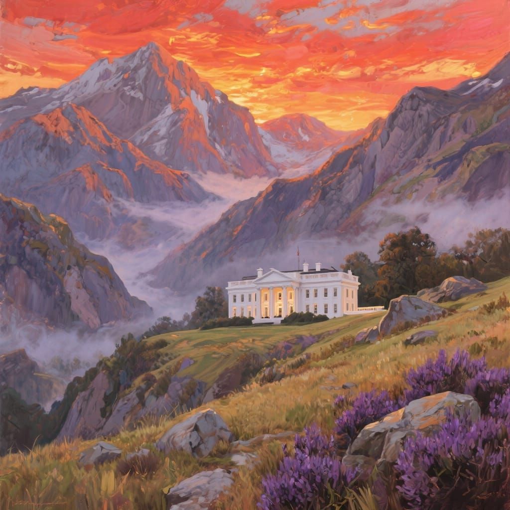 White House in Mountains: Impressionist Gouache Painting