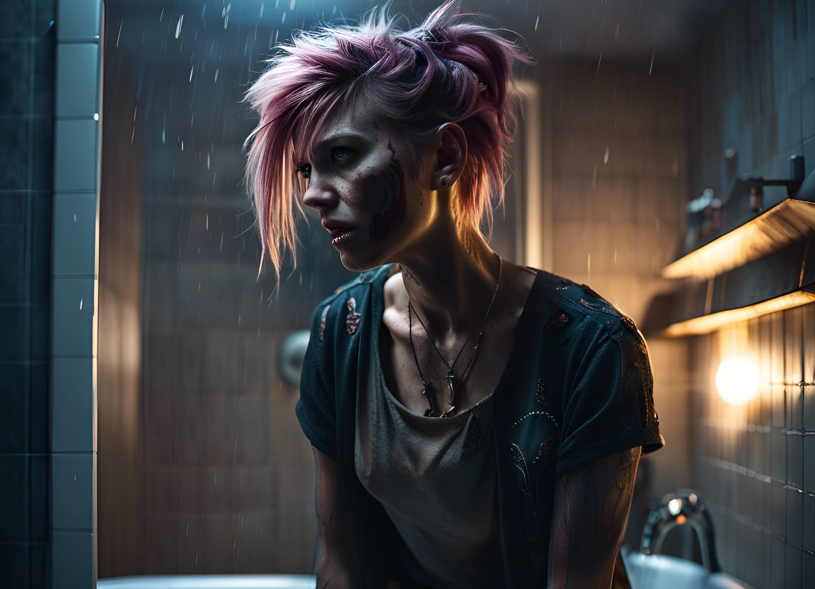Punk Girl in Bathroom with Dynamic Lighting