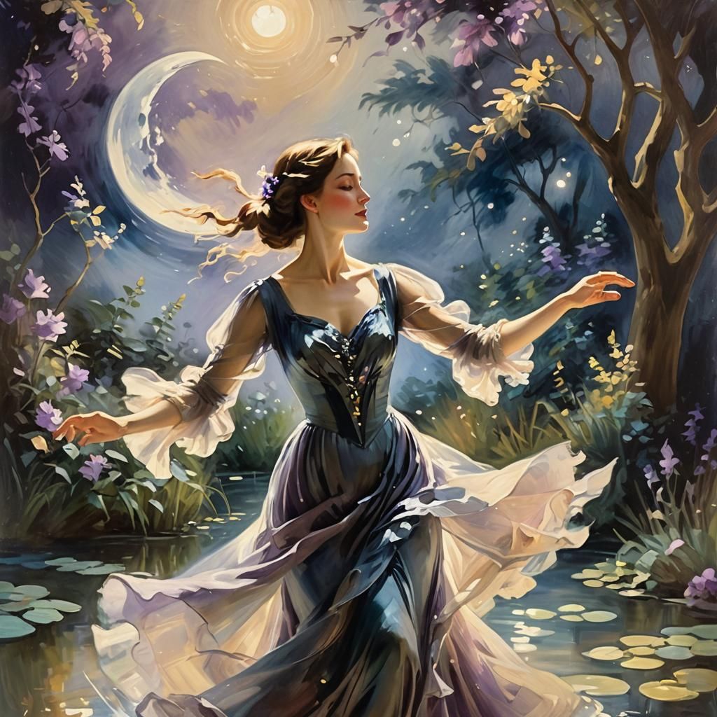 Woman Dancing in Moonlit Garden: Oil Painting