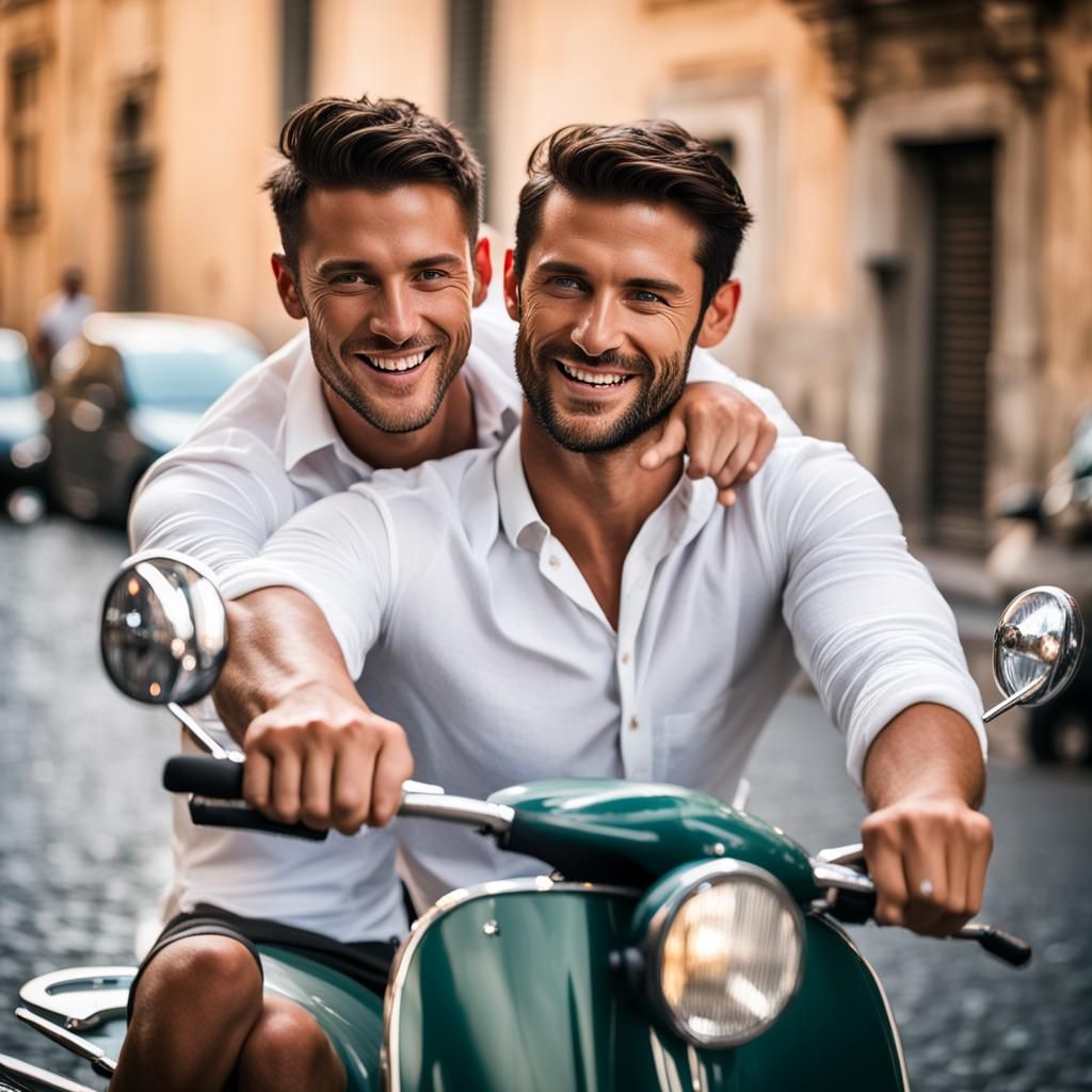 Handsome Men Ride Vespa in Rome