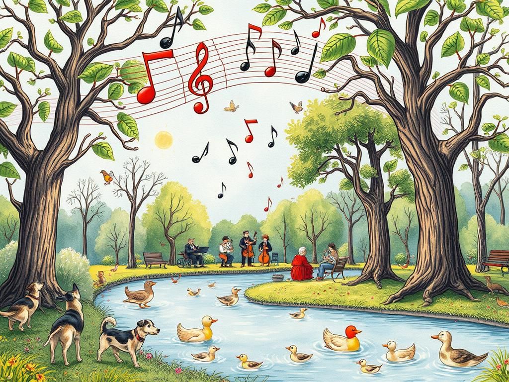 Whimsical Music Notes Above Vibrant Park
