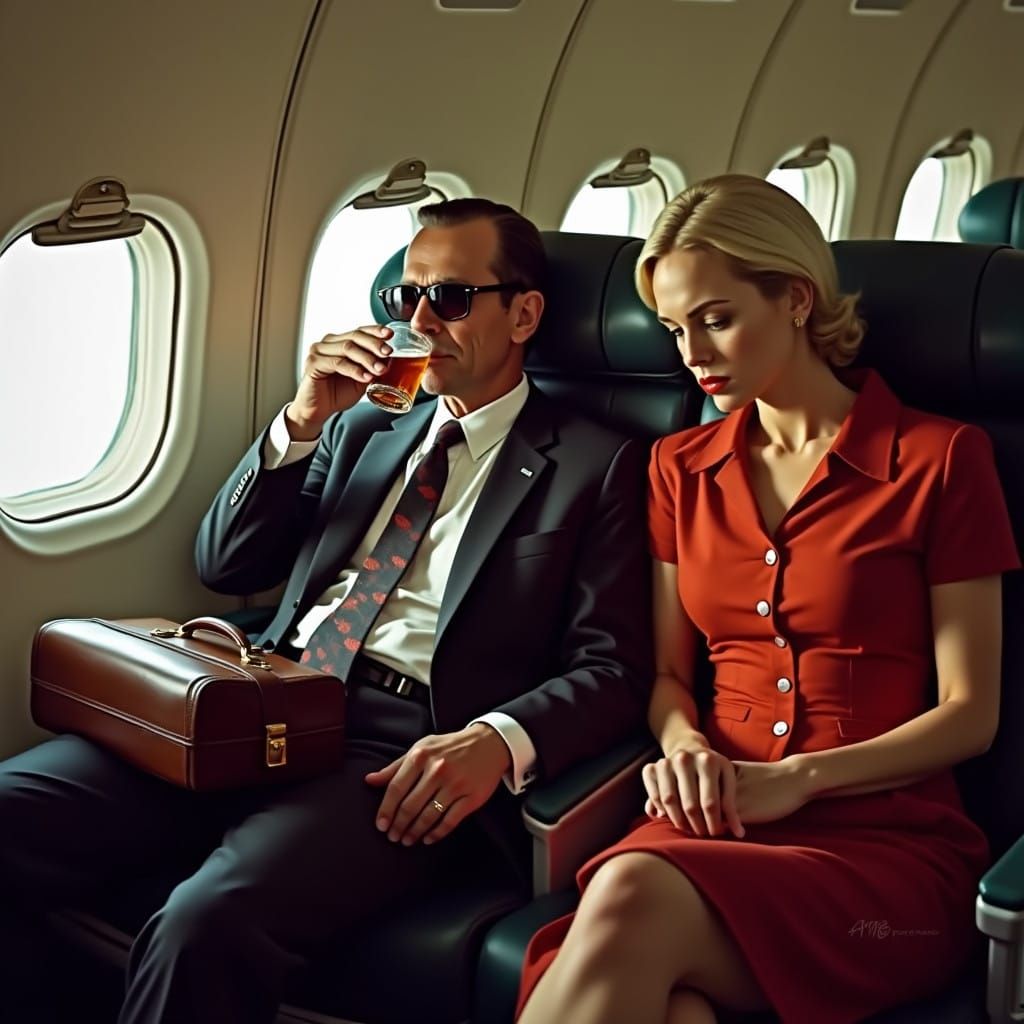Midlife Man Sips Bourbon in Vintage Boeing 727, Surrounded b...