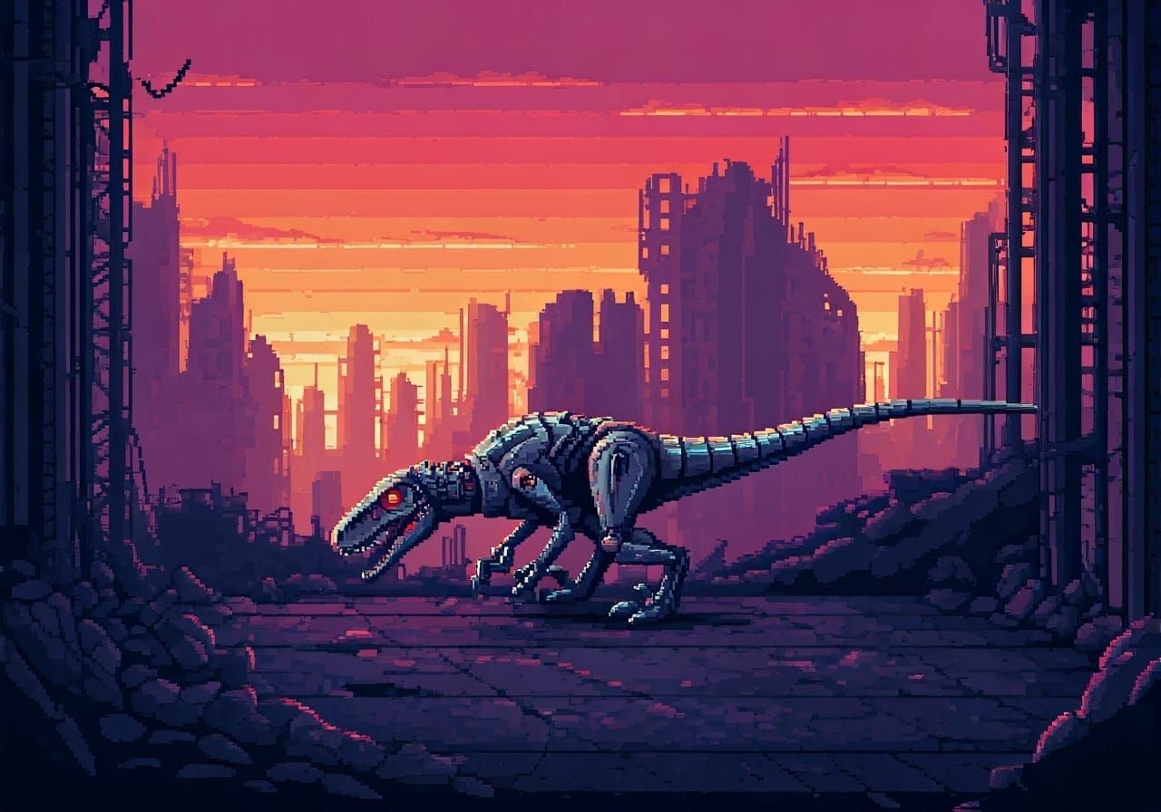 Pixel Art Cyborg Raptor in Cyberpunk Ruins