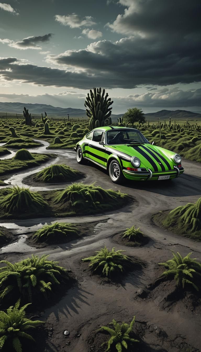 Porsche 911 in a Surreal Beetlejuice Landscape