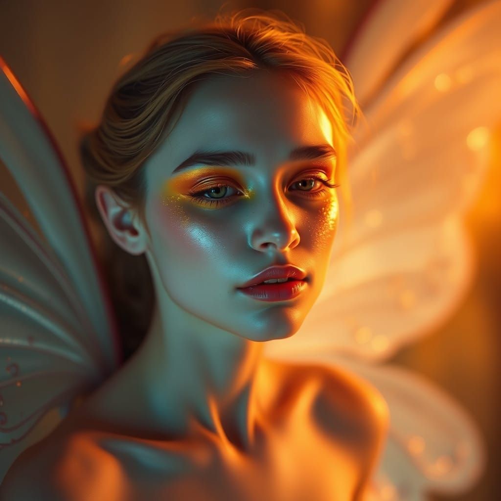 Ethereal Fairy Shines with Vibrant Orange Makeup in Golden L...