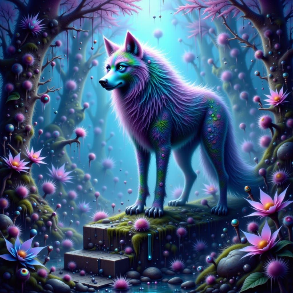 Majestic Wolf in Bioluminescent Forest
