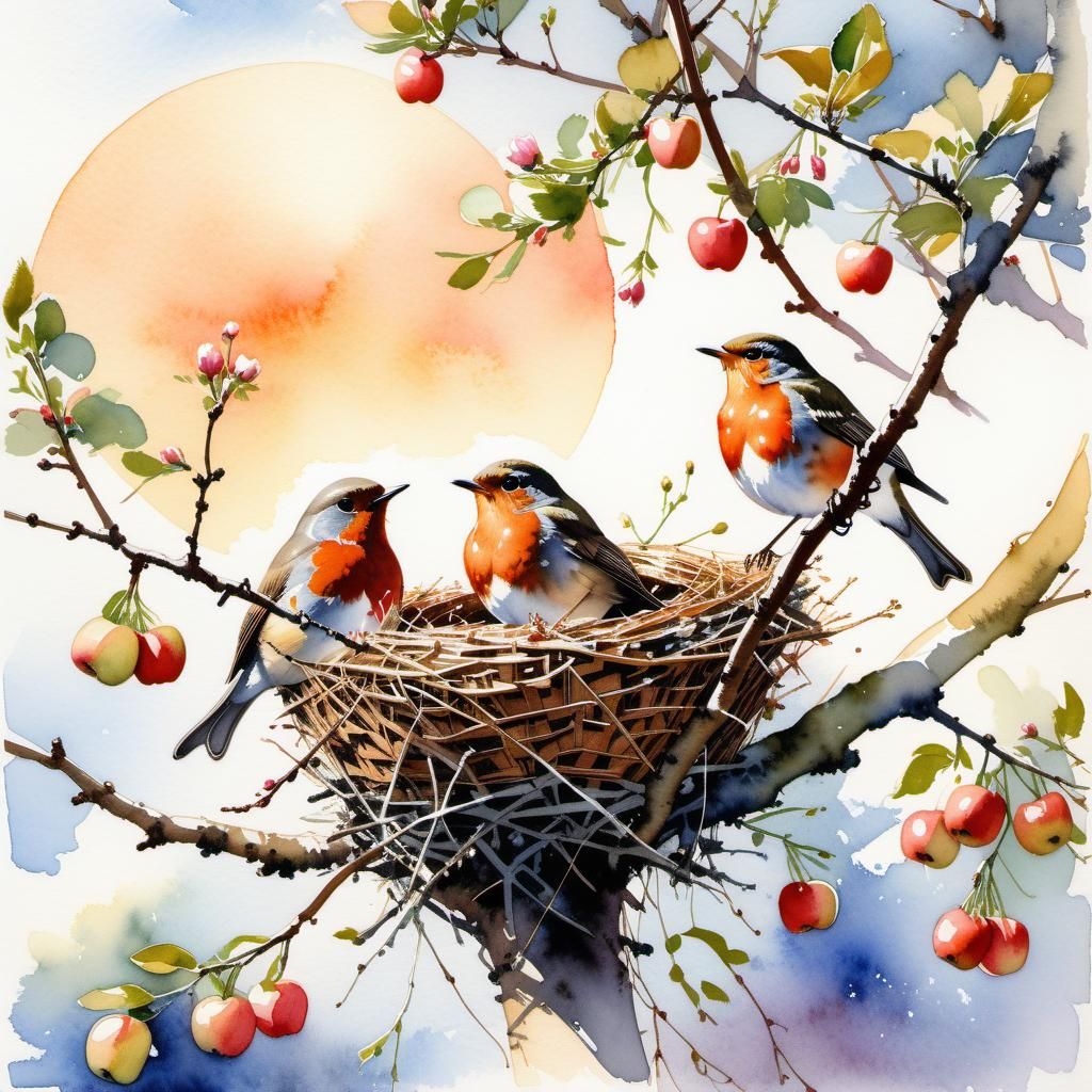 Robins Feeding Offspring in Apple Tree, Watercolor