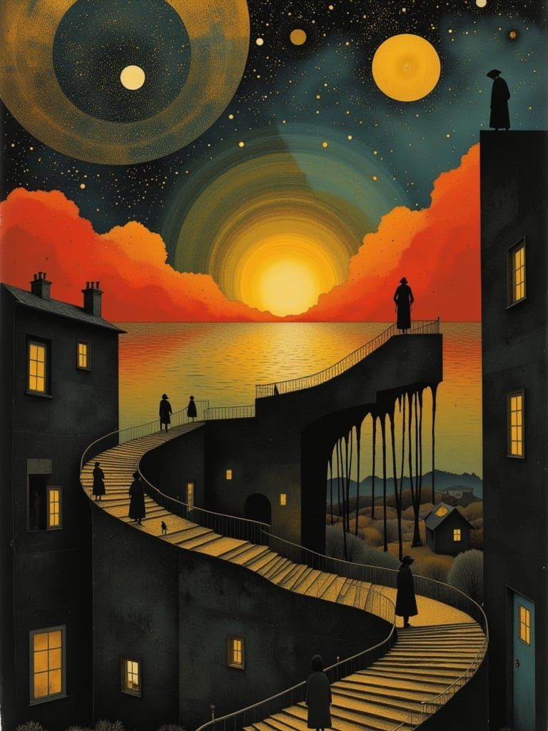 Celestial Hellscape with Gilded Staircase and Shimmering Sun...