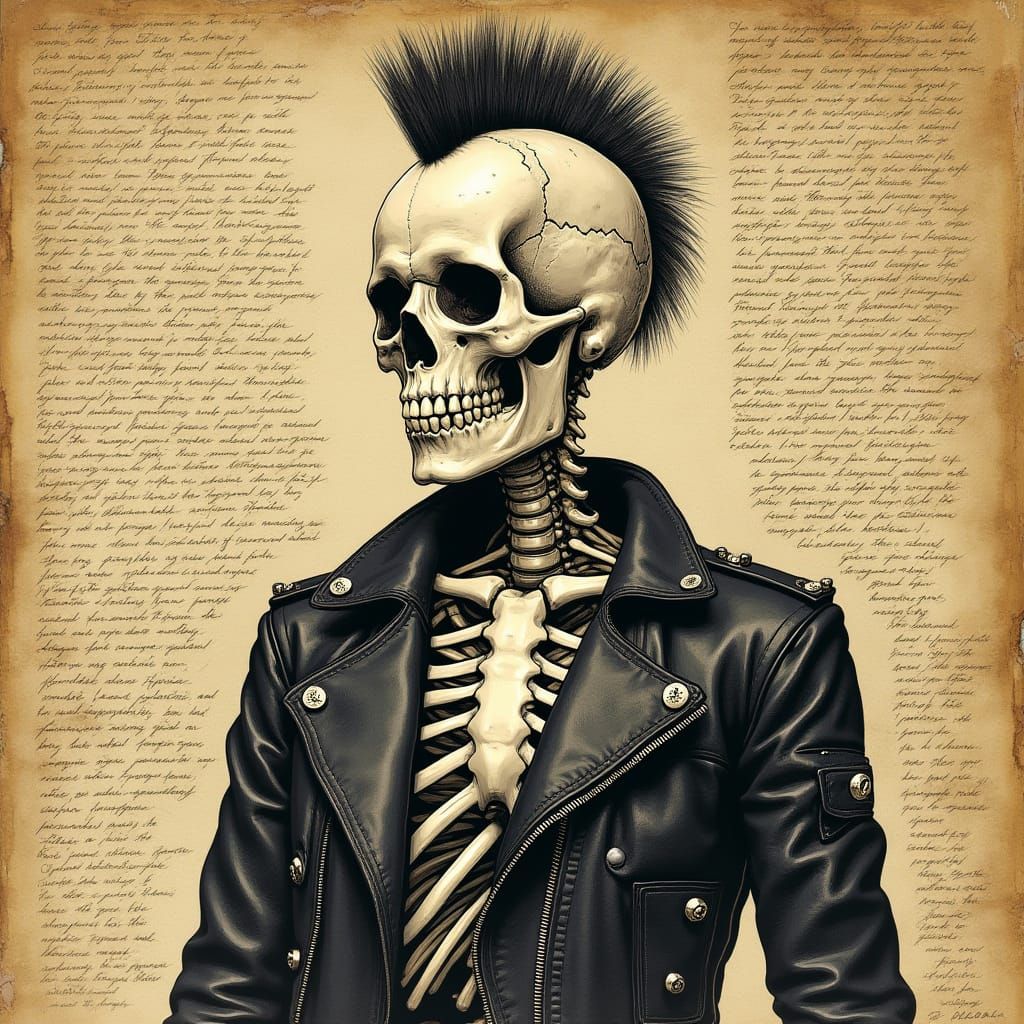 Punk Rock Skeleton Medical Illustration in 16th Century Styl...