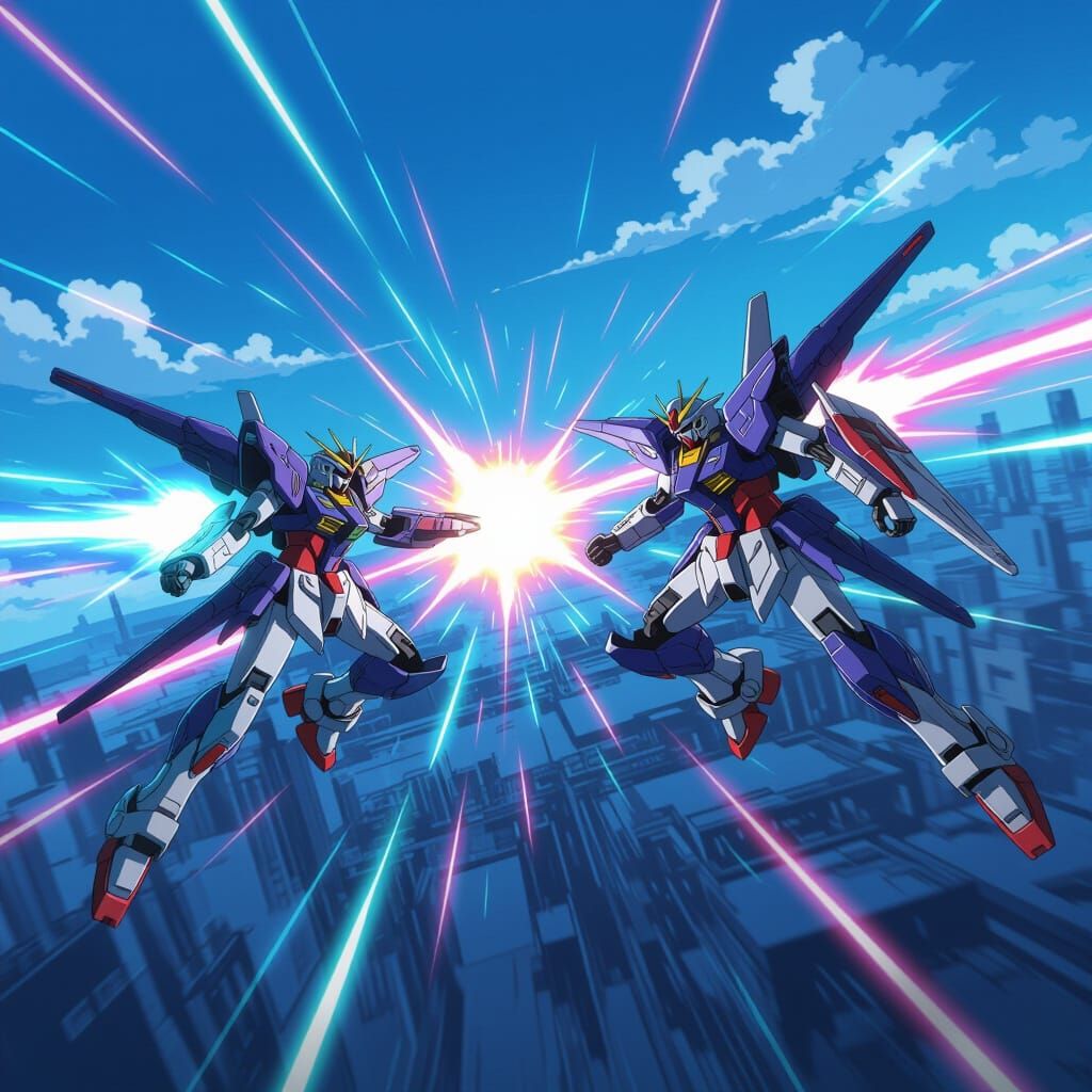 Anime Mechs Dogfight in Neon Futuristic Sky