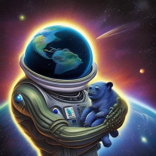 A tardigrade astronaut in a spacesuit doing a spacewalk in a...