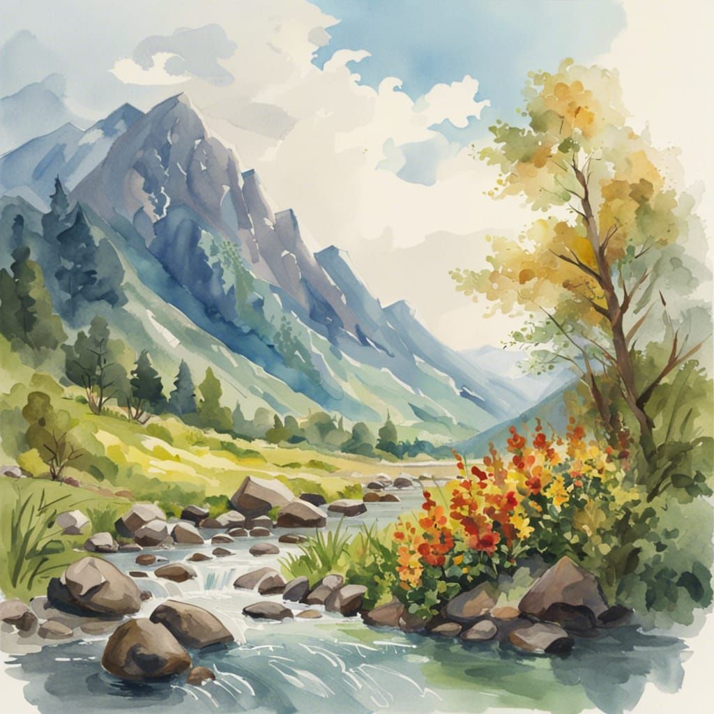 Lush River Landscape: Watercolor Art