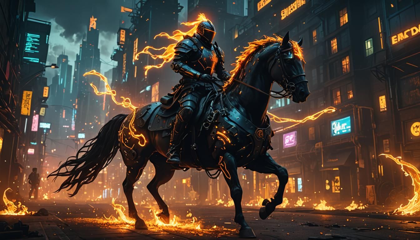 Fiery Knight Rides Steampunk Horse in Cyberpunk City
