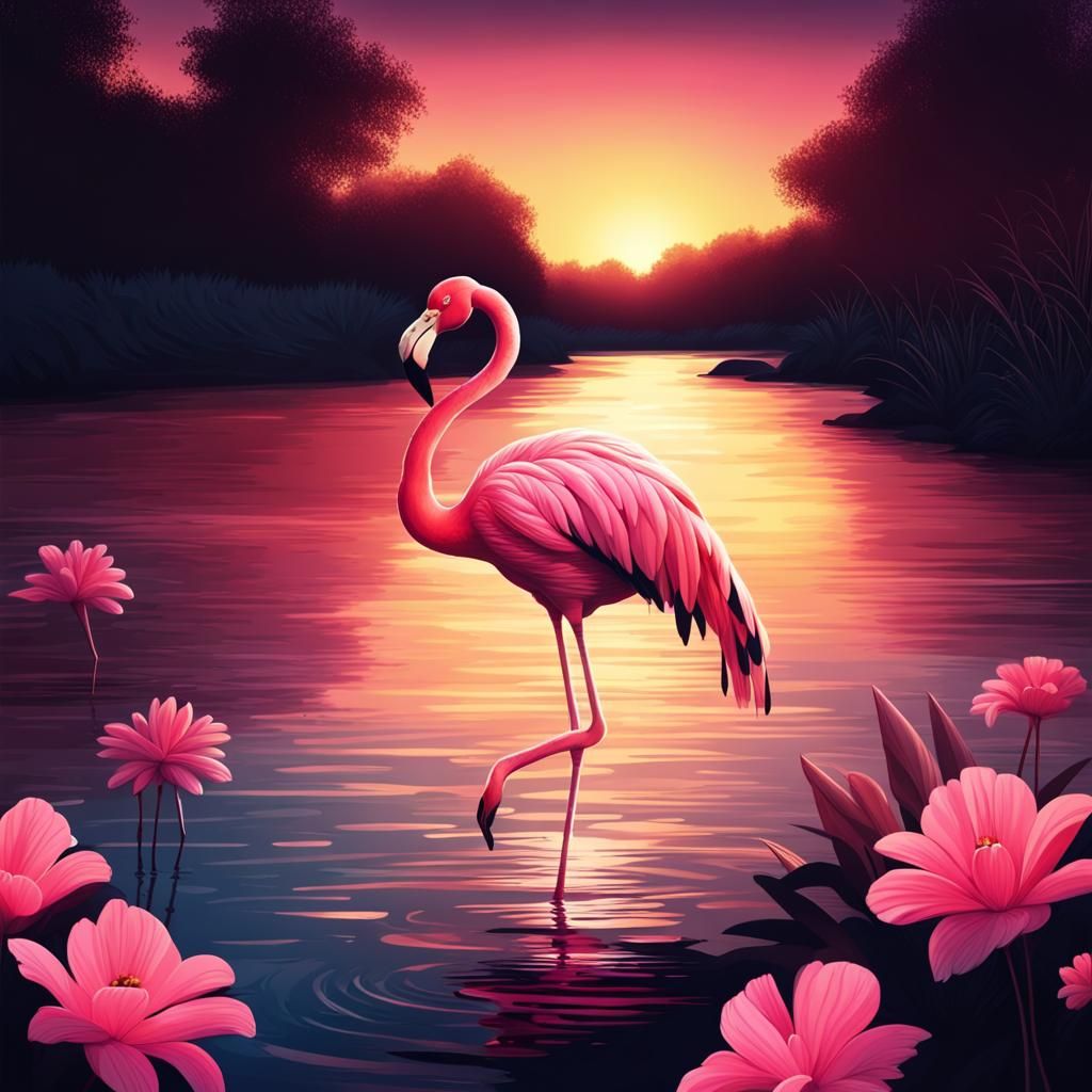 Pink Flamingo at Dusk in Cel Shading