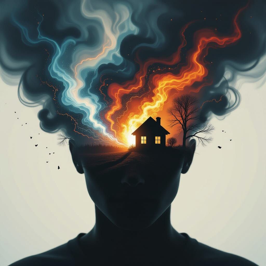 Abstract Thoughts in Stylized Head Silhouette