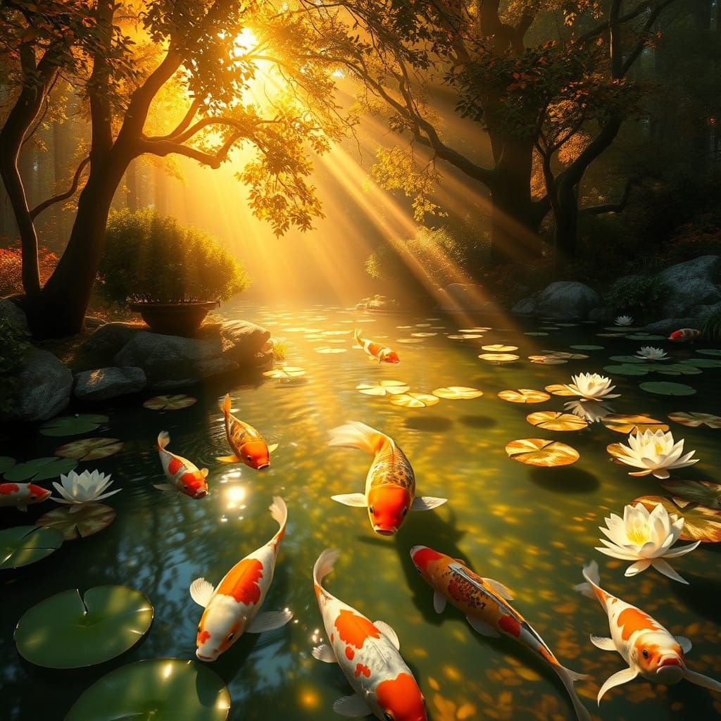 Idyllic Koi Pond in Warm, Golden Light